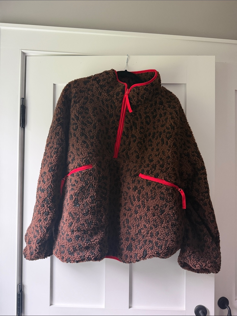 Women’s Leopard Sherpa Pullover Jacket with Red Trim